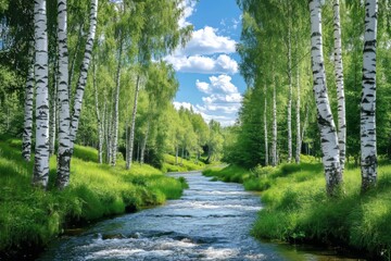 Wall Mural - Serene summer landscape with flowing river and birch forest capturing nature s tranquility