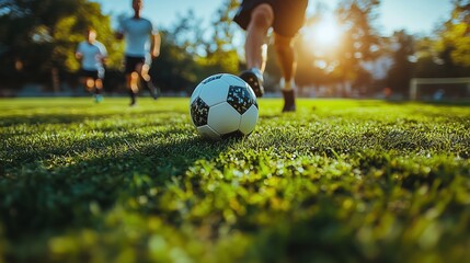 Wall Mural - Youth soccer players practicing drills on a sunny afternoon in a local park