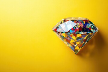 Beautiful multicolored diamond on bright yellow background shines brightly