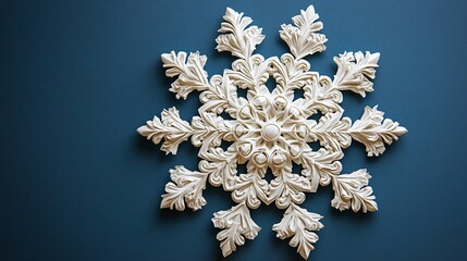 Poster - Intricate White Snowflake Ornament on Blue Background, Winter Decor