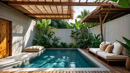 Wall Mural - stylish outdoor setting featuring a rectangular swimming pool surrounded by lush tropical plants. 