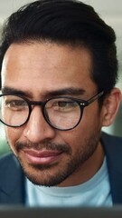 Poster - Glasses, laptop and journalist man in office, editing news draft and email source to verify story. Closeup, publishing agency and online for column research, proofreading and reporter for spell check