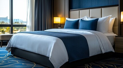 Poster - Luxurious hotel room bed, city view, morning light, comfortable bedding, travel