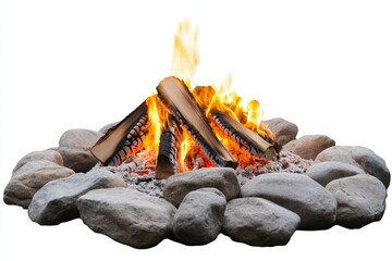 Wall Mural - Burning campfire surrounded by rocks against white background