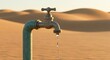 © PP Creative - A close-up of an old rusty water tap standing alone in a barren desert landscape and the tap is slightly open releasing a thin stream of water