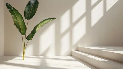 Poster - Minimalist room, plant, sunlight, stairs, white background, product display