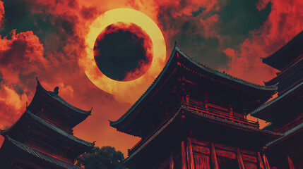 Wall Mural - Lunar & solar eclipse, japanese culture, generative ai, illustration. Solar Eclipse Temples. Illustration