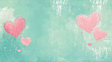 Wall Mural - Valentines day mint green background with hand drawn pink hearts, banner design concept with copy space for text.