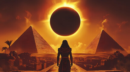 Wall Mural - A pharaoh stands in front of the pyramids with a solar eclipse behind him. Solar Eclipse Temples. Illustration