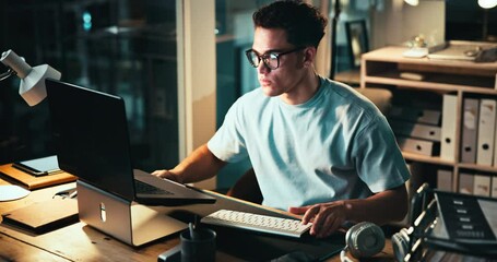 Aufkleber - Night, businessman and typing at laptop for programming, web development and project in office. Mature coder, glasses and paper at tech for company cybersecurity, problem solving and deadline work