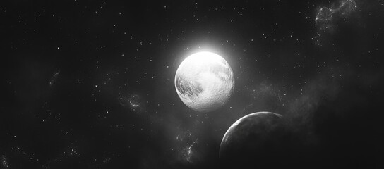 Wall Mural - monochrome planets orbiting in space, nebula background, cosmic art