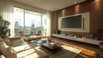 Wall Mural - Modern living room with city view, sunlit, relaxing ambiance, home decor