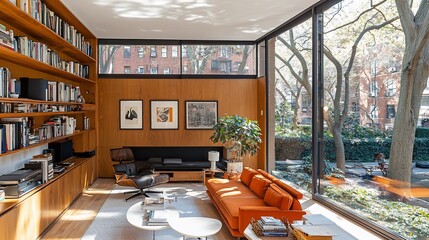 Poster - Modern living room with library, city view, sunlight