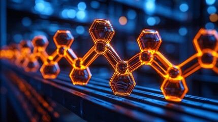 Poster - Molecular chain on conveyor belt; lab background; science research