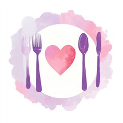 Wall Mural - Watercolor plate with cutlery and heart; simple meal; abstract background; graphic design; for restaurant, menu, or food-related print material