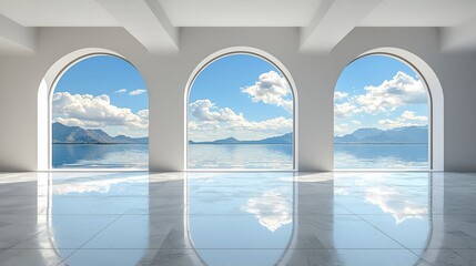 Wall Mural - Ocean view from arched windows in a modern, bright room