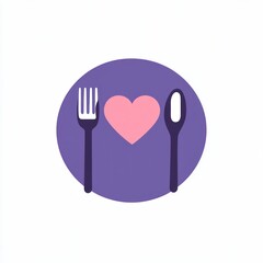 Wall Mural - Heart-shaped food icon, simple illustration, purple plate, cutlery