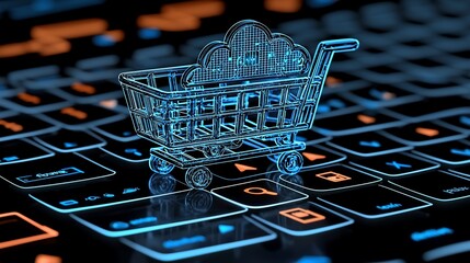 Poster - Online shopping cart on laptop keyboard; cloud computing background