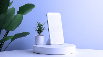 Poster - A white Phone is sitting on a stand next to a potted plant