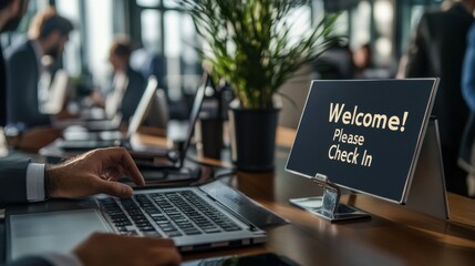 Aufkleber - A man is typing on a laptop in front of a sign that says 