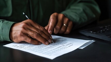 Aufkleber - A man is writing on a piece of paper with a pen