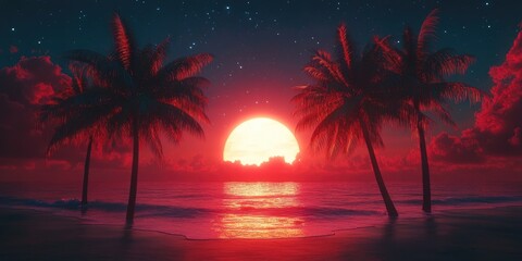Wall Mural - Tropical Horizon with Neon Palm Silhouettes Against a Vivid Sunset and Starry Sky