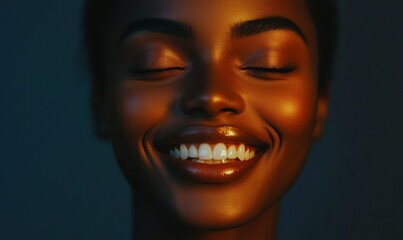 Sticker - Bold, radiant smile of a confident woman with glowing dark skin, her face illuminated by warm studio lighting, symbolizing empowerment and joy.