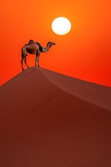 Wall Mural - Minimalist desert composition with a single camel standing atop a sand dune under a blazing orange sun