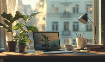 Wall Mural - clean workspace featuring a laptop, coffee, and a plant, creating a productive yet calming environme