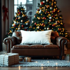 Blank white pillow mockup on leather sofa with christmas tree and lights bokeh background holiday template composition with decoration copy space Bokeh light lights background bokeh abstract li