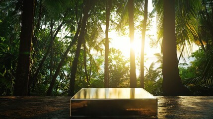 Poster - A wooden table with a shiny silver box on top of it