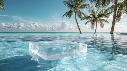 Poster - A large block of ice floats in the ocean near a palm tree