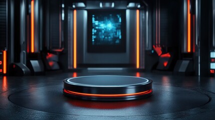 Leinwandbilder - A futuristic room with a large blue screen and a red circle in the center