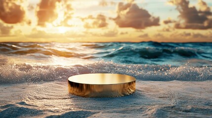 Poster - A golden podium is on the beach, with the ocean in the background