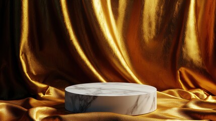 Poster - A gold curtain surrounds a white marble pedestal
