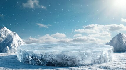Poster - A large, frozen, icy surface with a cloudy sky in the background