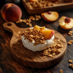 Wall Mural - Peaches and cream, topped with crunchy granola, served on a rustic wooden board, offering a fresh and appetizing treat.