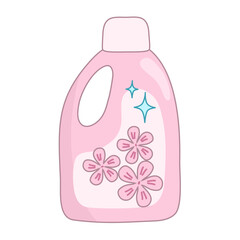 Pink bottle with cleaning or washing detergent, decorated with flowers, vector