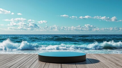 Poster - A large round black object sits on a wooden platform overlooking the ocean