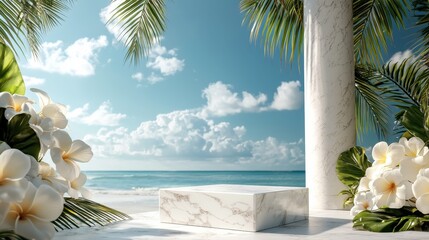 Poster - A white and blue beach scene with a white pillar in the background