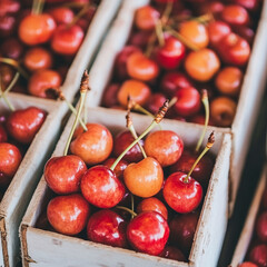 Sticker - Ripe cherries, ranging from vibrant red to golden hues, fill rustic wooden boxes, showcasing their fresh, natural beauty.