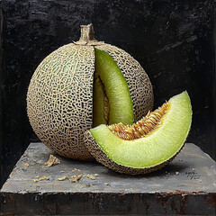 Canvas Print - Cantaloupe still life with a slice removed, revealing the vibrant green flesh and seeds against a dark backdrop.