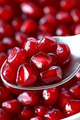 Canvas Print - A spoonful of ruby-red pomegranate seeds glistens, set against a vibrant background of more juicy arils.