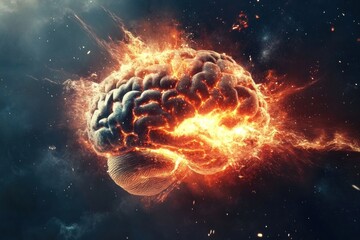 Poster - A brain bursts with vivid flames and light in a cosmic backdrop, symbolizing intense creativity and idea generation