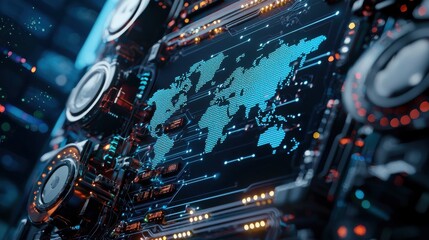 Fototapete - A computer monitor displays a blue and orange map of the world