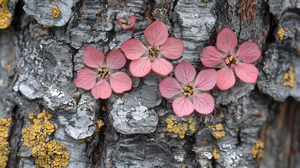 Canvas Print - Pink flowers on bark, spring nature, textured background, floral design