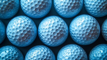 Wall Mural - Close-up of blue golf balls arranged in a grid pattern, showcasing their texture and design