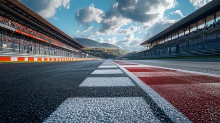 Fototapete - Wide asphalt racing circuit stretches into the distance, framed by grandstands filled with spectators, under a partly cloudy sky
