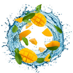 Aufkleber - Water splash in abstract shape with fresh mango pieces 