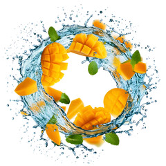 Aufkleber - Water splash in abstract shape with fresh mango pieces 
